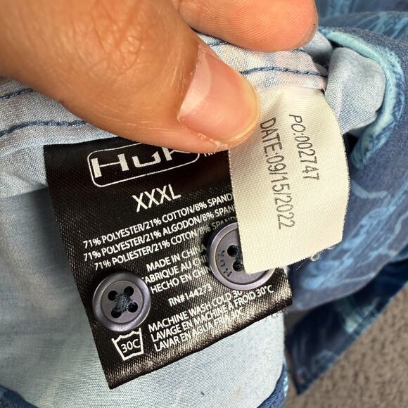 Huk Kona Shirt Mens 3XL Blue Fishing Performance Stretch Button Down Fish Flags - Picture 4 of 8